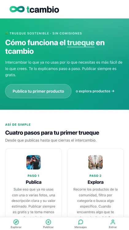 Pantalla que explica cómo funciona el trueque en la app tcambio
