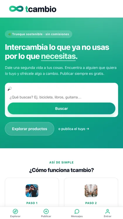 Pantalla de inicio de la app tcambio
