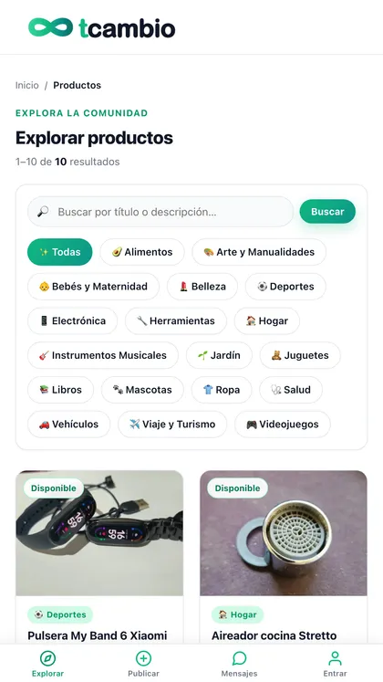 Listado de productos disponibles para truequear en la app tcambio
